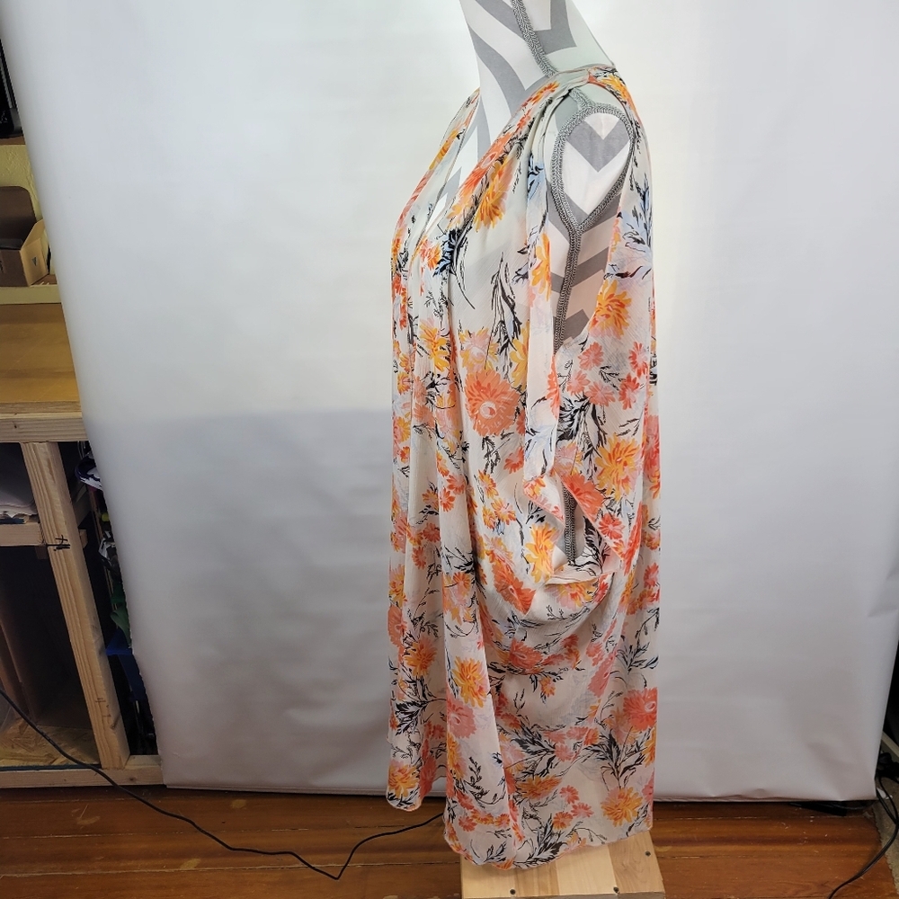 American Rag Chiffon Kimono Cover Up Floral Cold Shoulder Open Front Size Medium - Picture 2 of 8